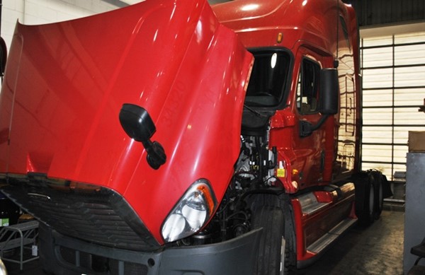 On Highway Truck with Hood Up for Engine Service
